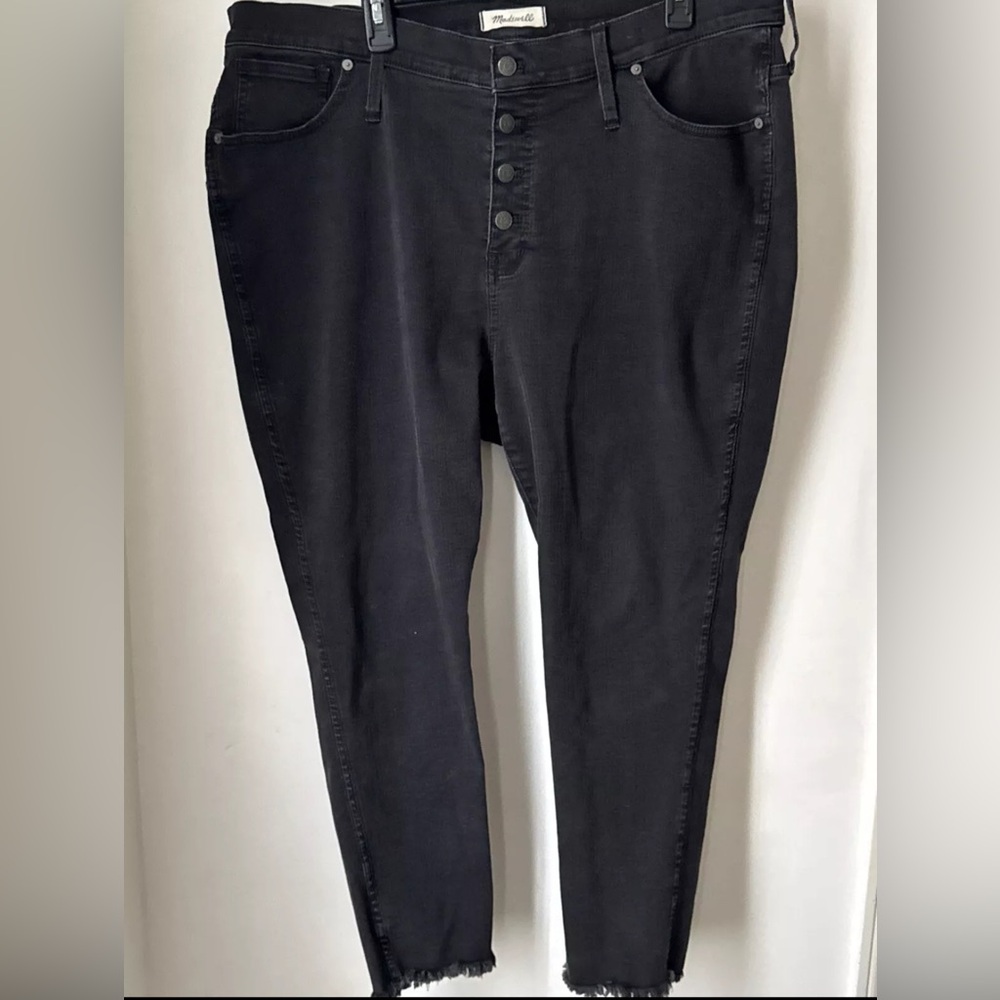 Madewell Black Denim Jeans 10" High Rise Button Fly Raw Hem Sz 35 Petite
